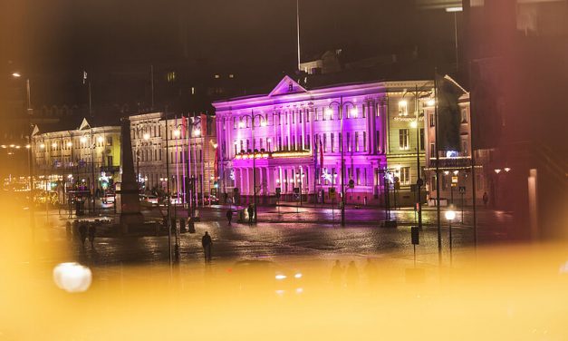 Helsinki City Hall with purple lights